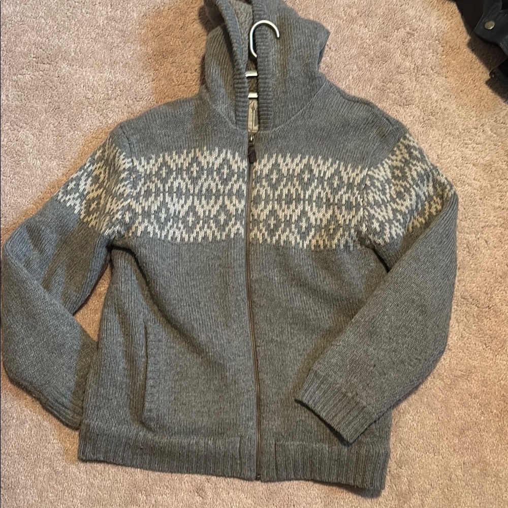 Gray and Cream Zip Up Sweater with Fair Isle Pattern